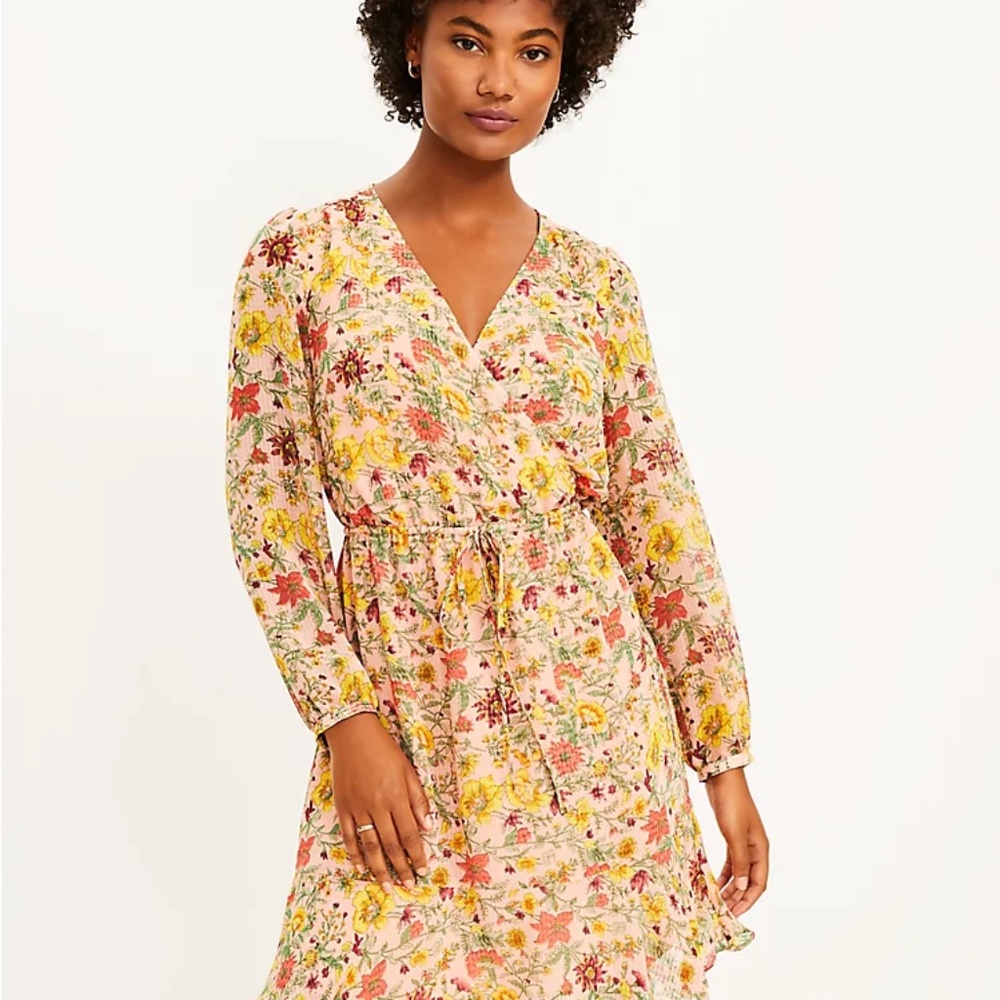 NWT LOFT Garden Flounce Wrap Dress - Pink - Size L